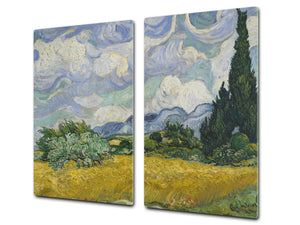 Induction Cooktop Cover –Shatter Resistant Glass Kitchen Board – Hob cover; MEASURES: SINGLE: 60 x 52 cm (23,62” x 20,47”); DOUBLE: 30 x 52 cm (11,81” x 20,47”); D32 Paintings Series: Wheat Field with Cypresses by Van Gogh