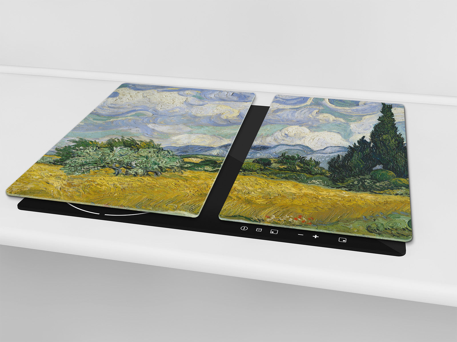 Induction Cooktop Cover –Shatter Resistant Glass Kitchen Board – Hob cover; MEASURES: SINGLE: 60 x 52 cm (23,62” x 20,47”); DOUBLE: 30 x 52 cm (11,81” x 20,47”); D32 Paintings Series: Wheat Field with Cypresses by Van Gogh
