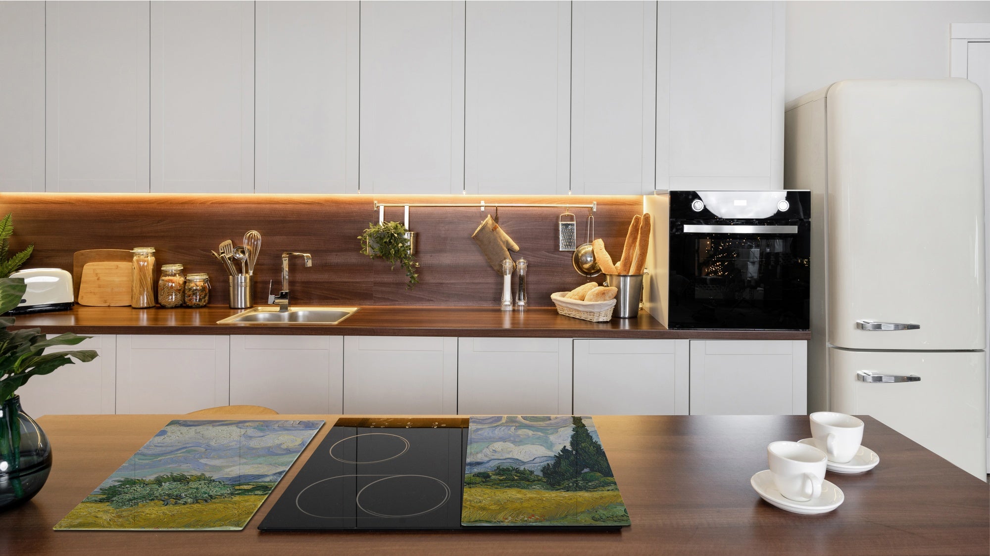 Induction Cooktop Cover –Shatter Resistant Glass Kitchen Board – Hob cover; MEASURES: SINGLE: 60 x 52 cm (23,62” x 20,47”); DOUBLE: 30 x 52 cm (11,81” x 20,47”); D32 Paintings Series: Wheat Field with Cypresses by Van Gogh