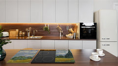 Induction Cooktop Cover –Shatter Resistant Glass Kitchen Board – Hob cover; MEASURES: SINGLE: 60 x 52 cm (23,62” x 20,47”); DOUBLE: 30 x 52 cm (11,81” x 20,47”); D32 Paintings Series: Wheat Field with Cypresses by Van Gogh