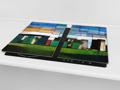 Induction Cooktop Cover –Shatter Resistant Glass Kitchen Board – Hob cover; MEASURES: SINGLE: 60 x 52 cm (23,62” x 20,47”); DOUBLE: 30 x 52 cm (11,81” x 20,47”); D32 Paintings Series: Cubist Stonehenge
