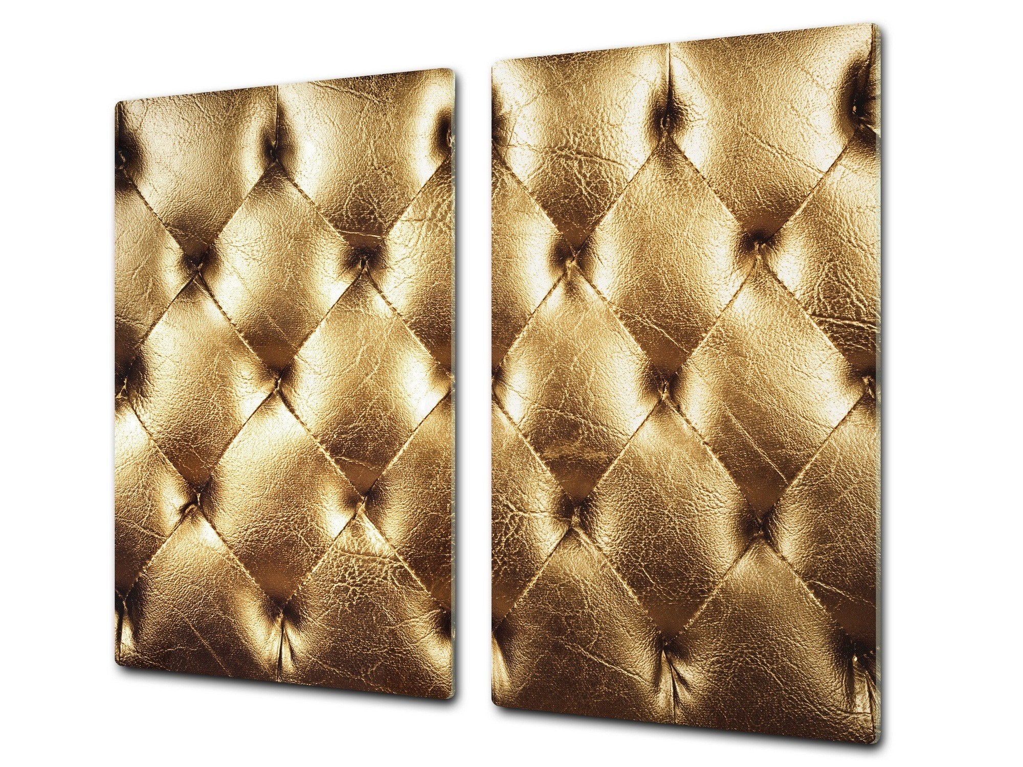 TEMPERED GLASS CHOPPING BOARD – Glass Cutting Board and Worktop Saver – Worktop protector; MEASURES: SINGLE: 60 x 52 cm (23,62” x 20,47”); DOUBLE: 30 x 52 cm (11,81” x 20,47”); D30 Decorative Surfaces Series: Golden leather upholstery 2