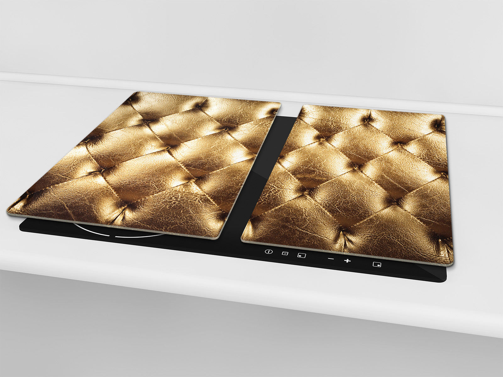 TEMPERED GLASS CHOPPING BOARD – Glass Cutting Board and Worktop Saver – Worktop protector; MEASURES: SINGLE: 60 x 52 cm (23,62” x 20,47”); DOUBLE: 30 x 52 cm (11,81” x 20,47”); D30 Decorative Surfaces Series: Golden leather upholstery 2