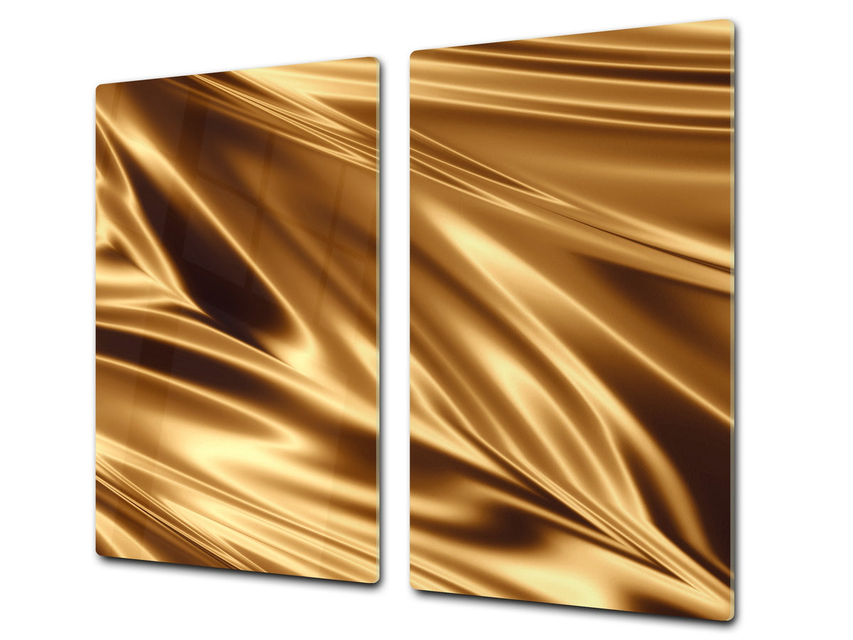 Tempered GLASS Cutting Board – Worktop saver and Pastry Board –- Glass Kitchen Board; MEASURES: SINGLE: 60 x 52 cm (23,62” x 20,47”); DOUBLE: 30 x 52 cm (11,81” x 20,47”); D28 Golden Waves Series: Golden fabric texture