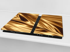 Tempered GLASS Cutting Board – Worktop saver and Pastry Board –- Glass Kitchen Board; MEASURES: SINGLE: 60 x 52 cm (23,62” x 20,47”); DOUBLE: 30 x 52 cm (11,81” x 20,47”); D28 Golden Waves Series: Golden fabric texture