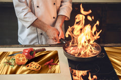 Tempered GLASS Cutting Board – Worktop saver and Pastry Board –- Glass Kitchen Board; MEASURES: SINGLE: 60 x 52 cm (23,62” x 20,47”); DOUBLE: 30 x 52 cm (11,81” x 20,47”); D28 Golden Waves Series: Golden fabric texture