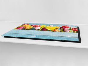 GIGANTE Copri-piano cottura a induzione – ENORME tagliere in VETRO temperato; Serie di fiori DD06A: Tulipani colorati 2