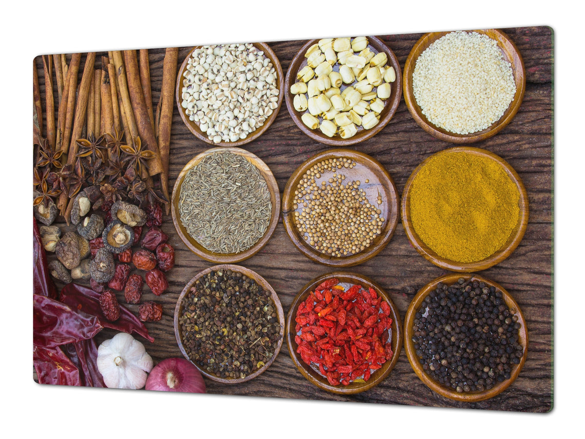 Schneidbrett aus Hartglas und schützende Arbeitsoberfläche – Schneideplatten: Sehr groß Küchenbrett aus Hartglas und Kochplattenabdeckung; spice series DD03B: Spices 6