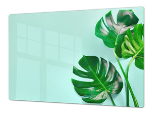 BIG KITCHEN BOARD & Induction Cooktop Cover – Glass Pastry Board – SINGLE: 80 x 52 cm (31,5” x 20,47”); DOUBLE: 40 x 52 cm (15,75” x 20,47”); DD41 Tropical Leaves Series: Monstera summer leaves