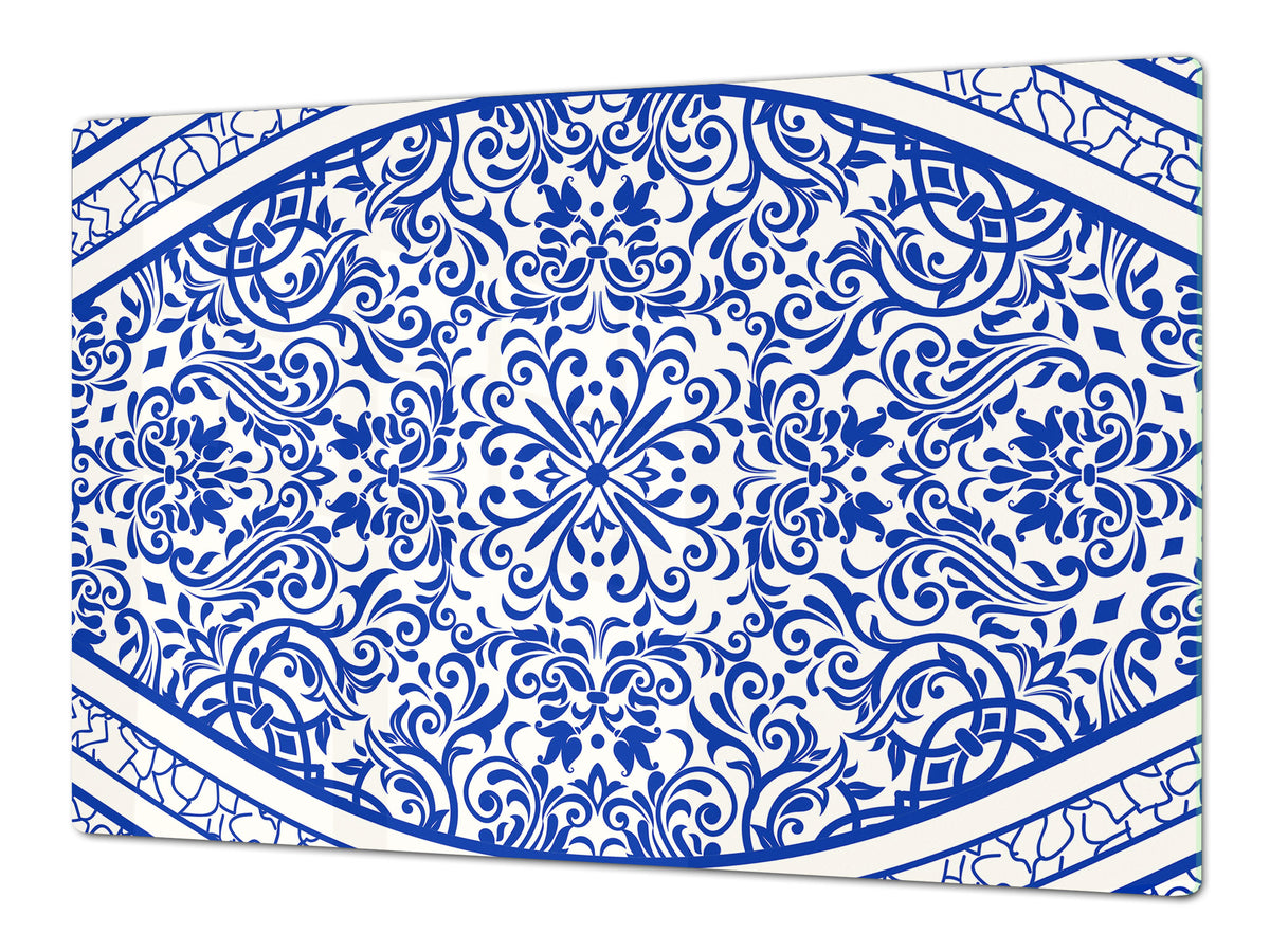 HUGE Cutting Board – Worktop saver and Pastry Board – Glass Kitchen Board DD37 Vintage leaves and patterns Series: Blue Spanish mosaic