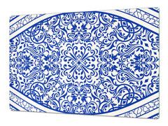 HUGE Cutting Board – Worktop saver and Pastry Board – Glass Kitchen Board DD37 Vintage leaves and patterns Series: Blue Spanish mosaic