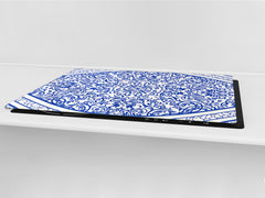 HUGE Cutting Board – Worktop saver and Pastry Board – Glass Kitchen Board DD37 Vintage leaves and patterns Series: Blue Spanish mosaic