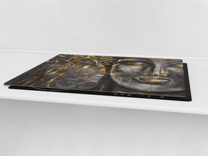 ENORMOUS  Tempered GLASS Chopping Board - Induction Cooktop Cover – SINGLE: 80 x 52 cm; DOUBLE: 40 x 52 cm; DD43 Abstract Graphics Series: Golden Buddha
