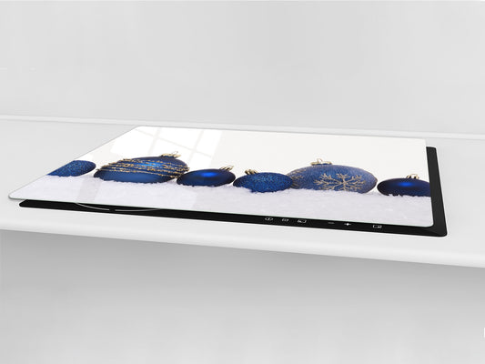 HUGE TEMPERED GLASS COOKTOP COVER - DD30 Christmas Series: Blue Christmas balls