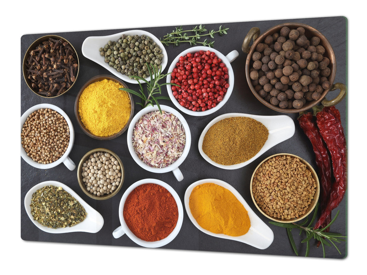 Schneidbrett aus Hartglas und schützende Arbeitsoberfläche – Schneideplatten: Sehr groß Küchenbrett aus Hartglas und Kochplattenabdeckung; spice series DD03B: Indian spices 3