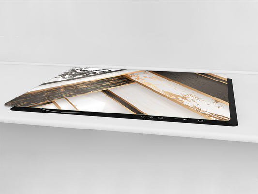 HUGE TEMPERED GLASS COOKTOP COVER – Glass Cutting Board and Worktop Saver – SINGLE: 80 x 52 cm (31,5” x 20,47”); DOUBLE: 40 x 52 cm (15,75” x 20,47”); DD40 Decorative Surfaces Series: Black and white interwoven with gold 1