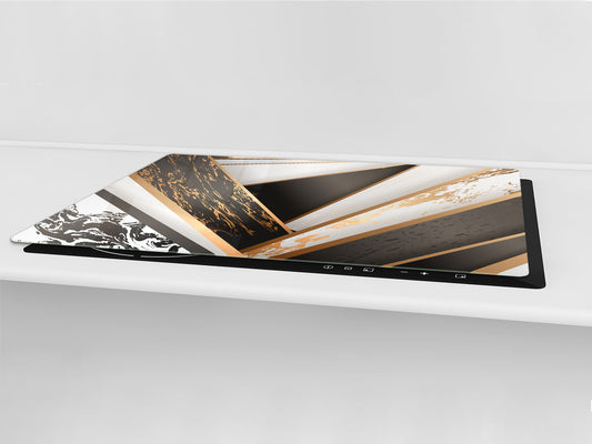 HUGE TEMPERED GLASS COOKTOP COVER – Glass Cutting Board and Worktop Saver – SINGLE: 80 x 52 cm (31,5” x 20,47”); DOUBLE: 40 x 52 cm (15,75” x 20,47”); DD40 Decorative Surfaces Series: Black and white interwoven with gold 2