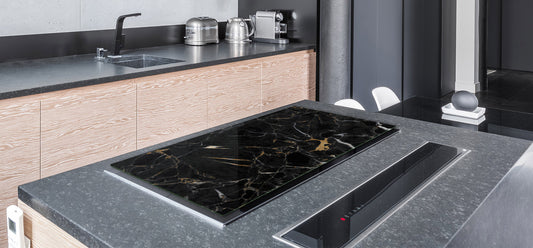 UNIQUE Tempered GLASS Kitchen Board – Impact & Scratch Resistant Cooktop cover DD32 Marbles 2 Series: Gold ripples on black background