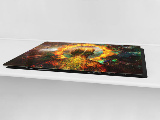 ENORMOUS  Tempered GLASS Chopping Board - Induction Cooktop Cover – SINGLE: 80 x 52 cm; DOUBLE: 40 x 52 cm; DD43 Abstract Graphics Series: Ring of fire
