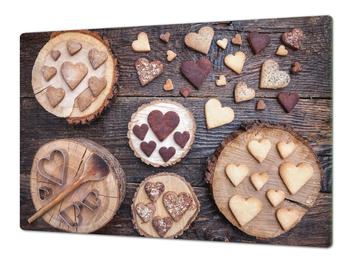 Tempered GLASS Cutting Board - Glass Kitchen Board; Cakes and Sweets Serie DD13 Cookies hearts