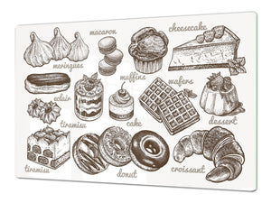 Tempered GLASS Cutting Board - Glass Kitchen Board; Cakes and Sweets Serie DD13 Desserts vintage set