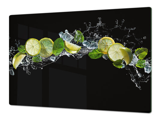 UNIQUE Tempered GLASS Kitchen Board Fruit and Vegetables series DD02 Lemon with mint