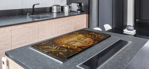 ENORMOUS  Tempered GLASS Chopping Board - Induction Cooktop Cover – SINGLE: 80 x 52 cm; DOUBLE: 40 x 52 cm; DD43 Abstract Graphics Series: Hand-drawn Buddha