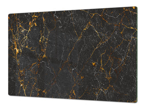 UNIQUE Tempered GLASS Kitchen Board – Impact & Scratch Resistant Cooktop cover DD32 Marbles 2 Series: Black interwoven with gold