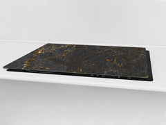 UNIQUE Tempered GLASS Kitchen Board – Impact & Scratch Resistant Cooktop cover DD32 Marbles 2 Series: Black interwoven with gold