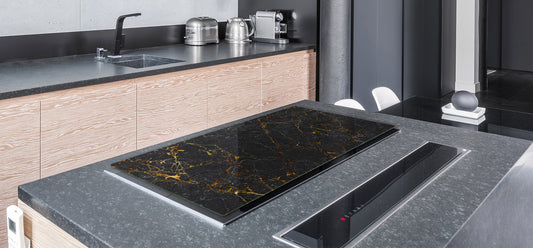 UNIQUE Tempered GLASS Kitchen Board – Impact & Scratch Resistant Cooktop cover DD32 Marbles 2 Series: Black interwoven with gold