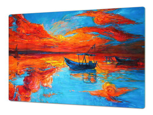 GIGANTIC CUTTING BOARD and Cooktop Cover - Glass Kitchen Board; SINGLE: 80 x 52 cm (31,5” x 20,47”); DOUBLE: 40 x 52 cm (15,75” x 20,47”); DD42 Paintings Series: Fishing boats and sea