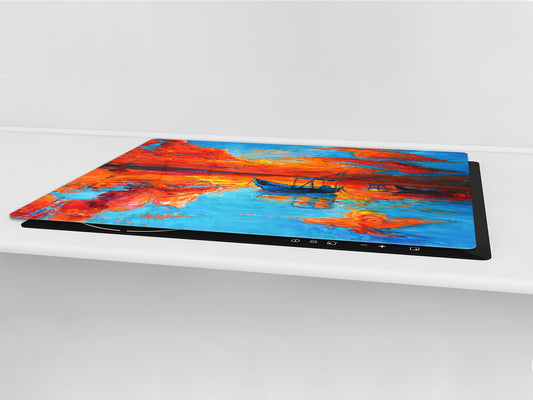 GIGANTIC CUTTING BOARD and Cooktop Cover - Glass Kitchen Board; SINGLE: 80 x 52 cm (31,5” x 20,47”); DOUBLE: 40 x 52 cm (15,75” x 20,47”); DD42 Paintings Series: Fishing boats and sea