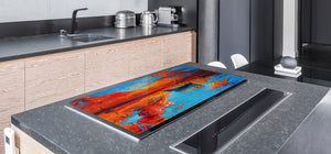GIGANTIC CUTTING BOARD and Cooktop Cover - Glass Kitchen Board; SINGLE: 80 x 52 cm (31,5” x 20,47”); DOUBLE: 40 x 52 cm (15,75” x 20,47”); DD42 Paintings Series: Fishing boats and sea