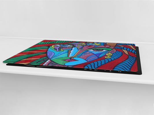 GIGANTIC CUTTING BOARD and Cooktop Cover - Glass Kitchen Board; SINGLE: 80 x 52 cm (31,5” x 20,47”); DOUBLE: 40 x 52 cm (15,75” x 20,47”); DD42 Paintings Series: Cubism illustration of an elegant woman