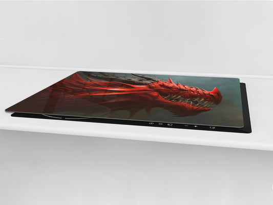 ENORMOUS  Tempered GLASS Chopping Board - Induction Cooktop Cover – SINGLE: 80 x 52 cm; DOUBLE: 40 x 52 cm; DD43 Abstract Graphics Series: Fierce dragon