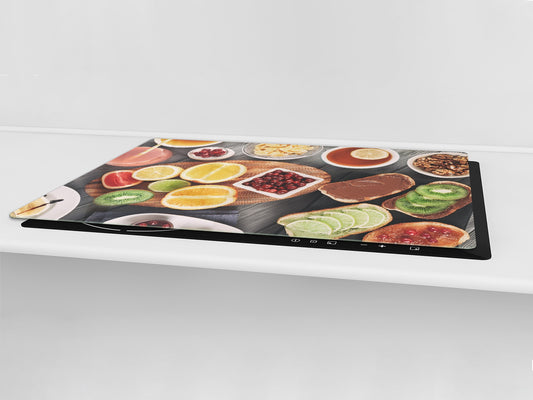BIG KITCHEN BOARD & Induction Cooktop Cover – Glass Pastry Board - Food series DD16 Fruit Breakfast