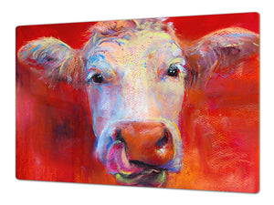 GIGANTIC CUTTING BOARD and Cooktop Cover - Glass Kitchen Board; SINGLE: 80 x 52 cm (31,5” x 20,47”); DOUBLE: 40 x 52 cm (15,75” x 20,47”); DD42 Paintings Series: Pastel cow