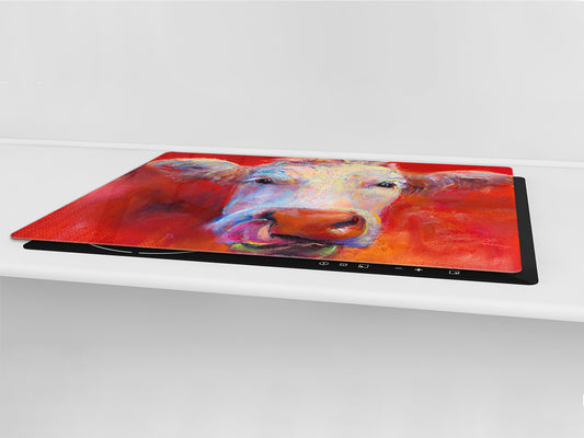GIGANTIC CUTTING BOARD and Cooktop Cover - Glass Kitchen Board; SINGLE: 80 x 52 cm (31,5” x 20,47”); DOUBLE: 40 x 52 cm (15,75” x 20,47”); DD42 Paintings Series: Pastel cow