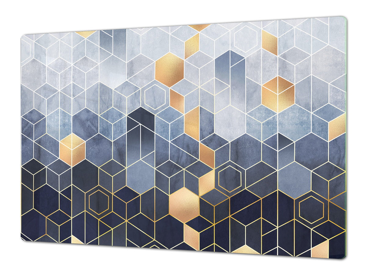 ENORMOUS  Tempered GLASS Chopping Board - Induction Cooktop Cover DD36 Textures and tiles 2 Series: Golden-blue geometric abstraction