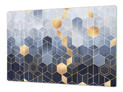 ENORMOUS  Tempered GLASS Chopping Board - Induction Cooktop Cover DD36 Textures and tiles 2 Series: Golden-blue geometric abstraction