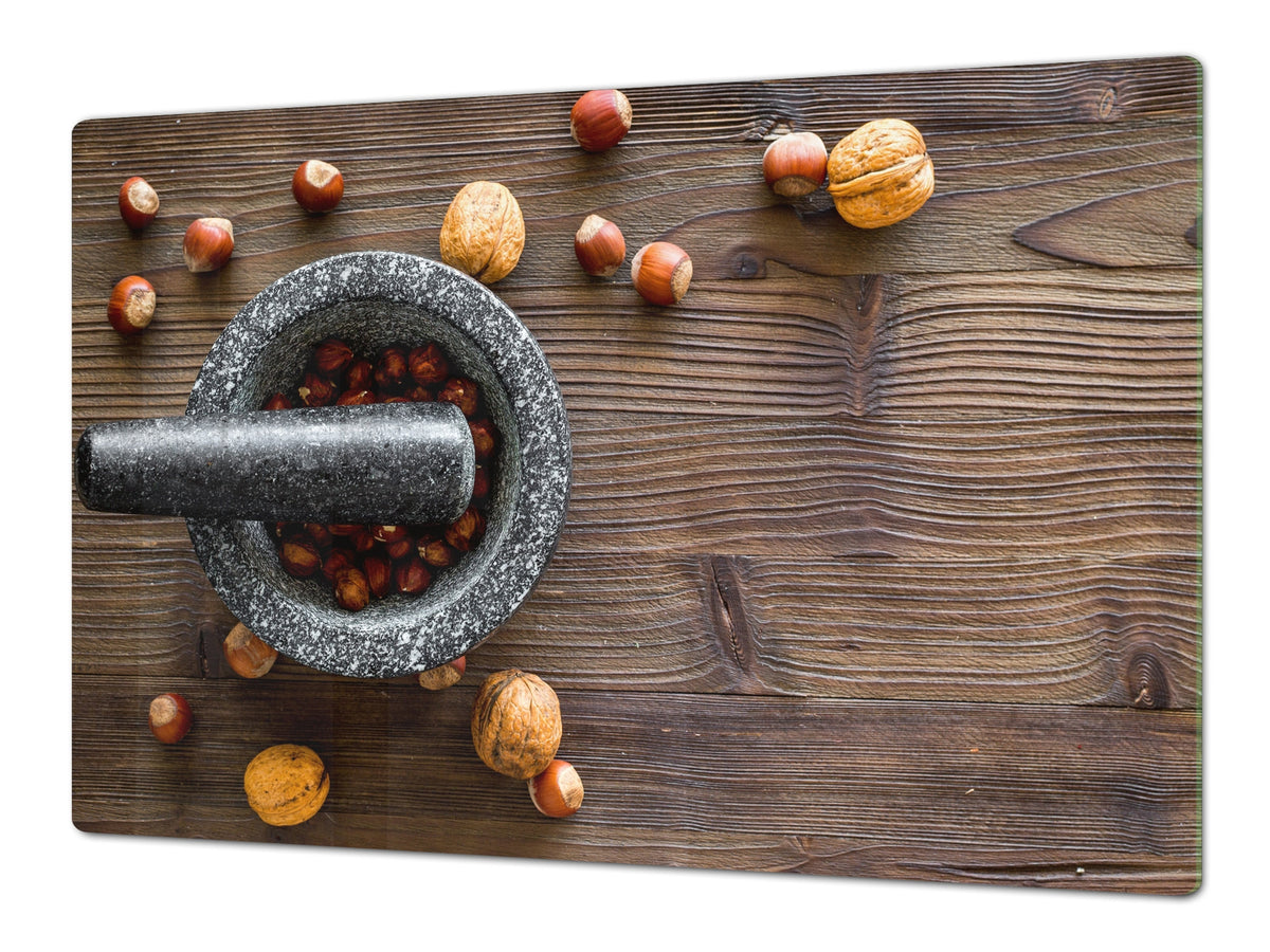 BIG KITCHEN BOARD & Induction Cooktop Cover – Glass Pastry Board - Food series DD16 Nuts in a mortar 1