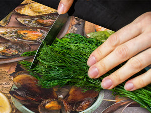 Enorm Küchenbrett aus Hartglas und Induktionskochplattenabdeckung; Food series DD16: Seafood 2