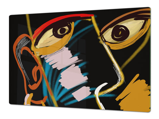 ENORMOUS  Tempered GLASS Chopping Board - Induction Cooktop Cover – SINGLE: 80 x 52 cm; DOUBLE: 40 x 52 cm; DD43 Abstract Graphics Series: African warrior