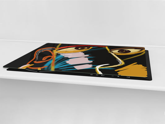 ENORMOUS  Tempered GLASS Chopping Board - Induction Cooktop Cover – SINGLE: 80 x 52 cm; DOUBLE: 40 x 52 cm; DD43 Abstract Graphics Series: African warrior
