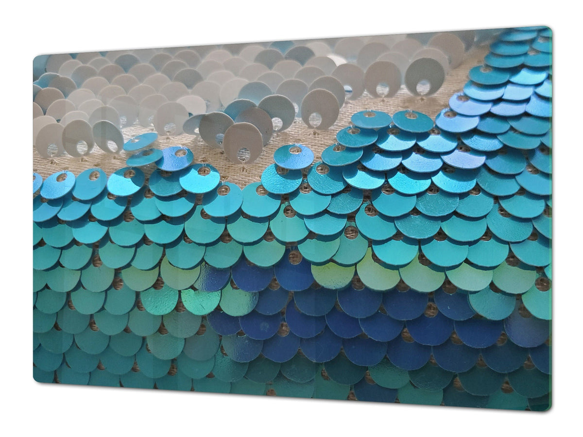 HUGE TEMPERED GLASS COOKTOP COVER – Glass Cutting Board and Worktop Saver – SINGLE: 80 x 52 cm (31,5” x 20,47”); DOUBLE: 40 x 52 cm (15,75” x 20,47”); DD40 Decorative Surfaces Series: Turquoise fish-like scale
