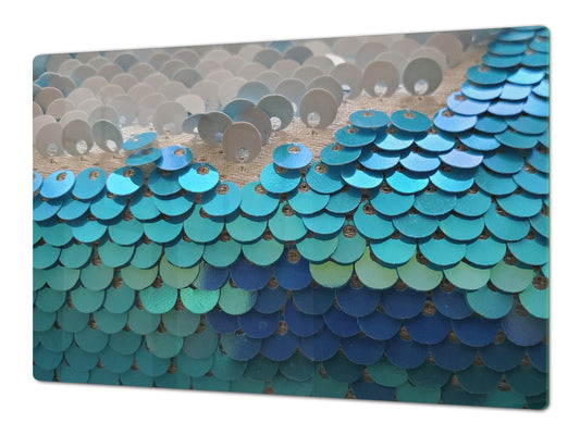 HUGE TEMPERED GLASS COOKTOP COVER – Glass Cutting Board and Worktop Saver – SINGLE: 80 x 52 cm (31,5” x 20,47”); DOUBLE: 40 x 52 cm (15,75” x 20,47”); DD40 Decorative Surfaces Series: Turquoise fish-like scale