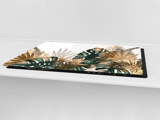 BIG KITCHEN BOARD & Induction Cooktop Cover – Glass Pastry Board – SINGLE: 80 x 52 cm (31,5” x 20,47”); DOUBLE: 40 x 52 cm (15,75” x 20,47”); DD41 Tropical Leaves Series: Tropical pattern