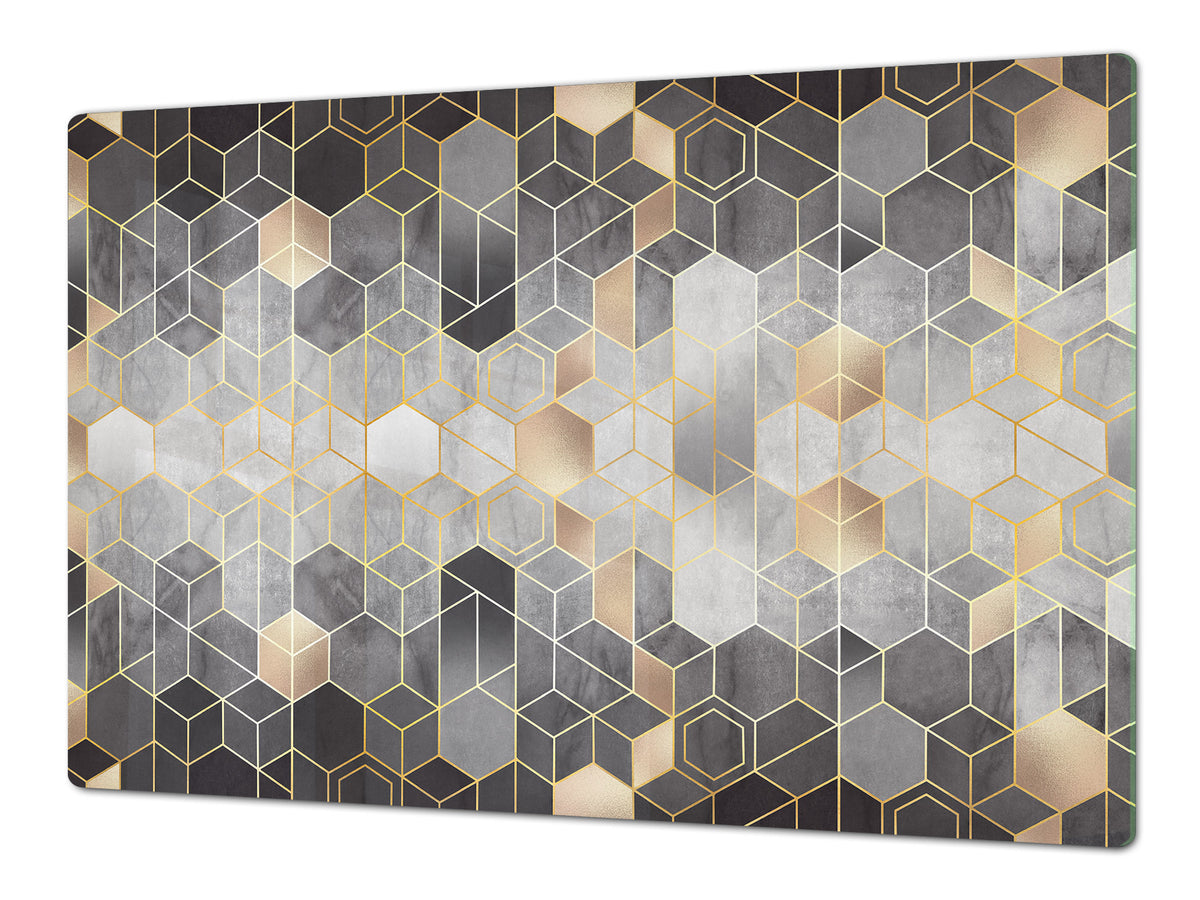 ENORMOUS  Tempered GLASS Chopping Board - Induction Cooktop Cover DD36 Textures and tiles 2 Series: Golden-black geometric abstraction