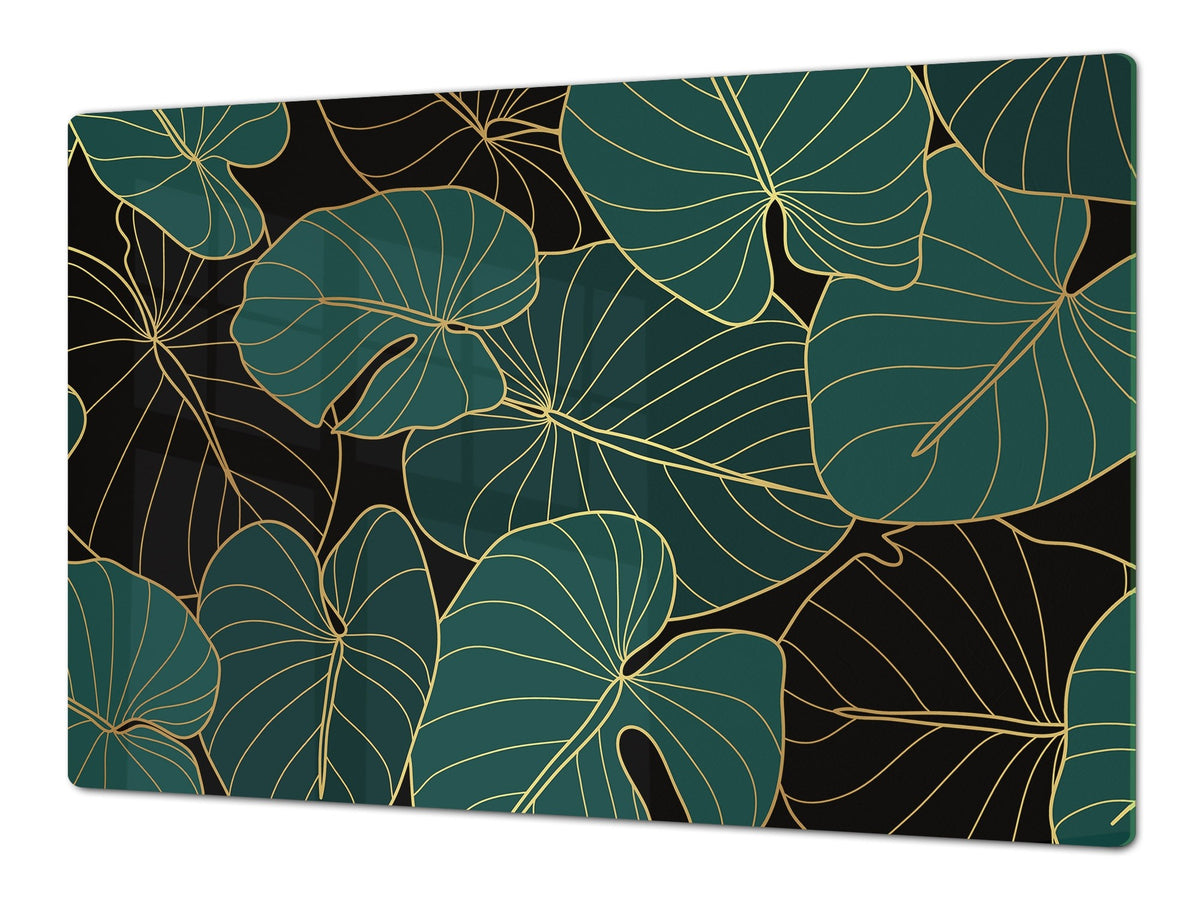 BIG KITCHEN BOARD & Induction Cooktop Cover – Glass Pastry Board – SINGLE: 80 x 52 cm (31,5” x 20,47”); DOUBLE: 40 x 52 cm (15,75” x 20,47”); DD41 Tropical Leaves Series: Art deco wallpaper 1
