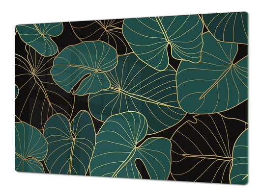 BIG KITCHEN BOARD & Induction Cooktop Cover – Glass Pastry Board – SINGLE: 80 x 52 cm (31,5” x 20,47”); DOUBLE: 40 x 52 cm (15,75” x 20,47”); DD41 Tropical Leaves Series: Art deco wallpaper 1